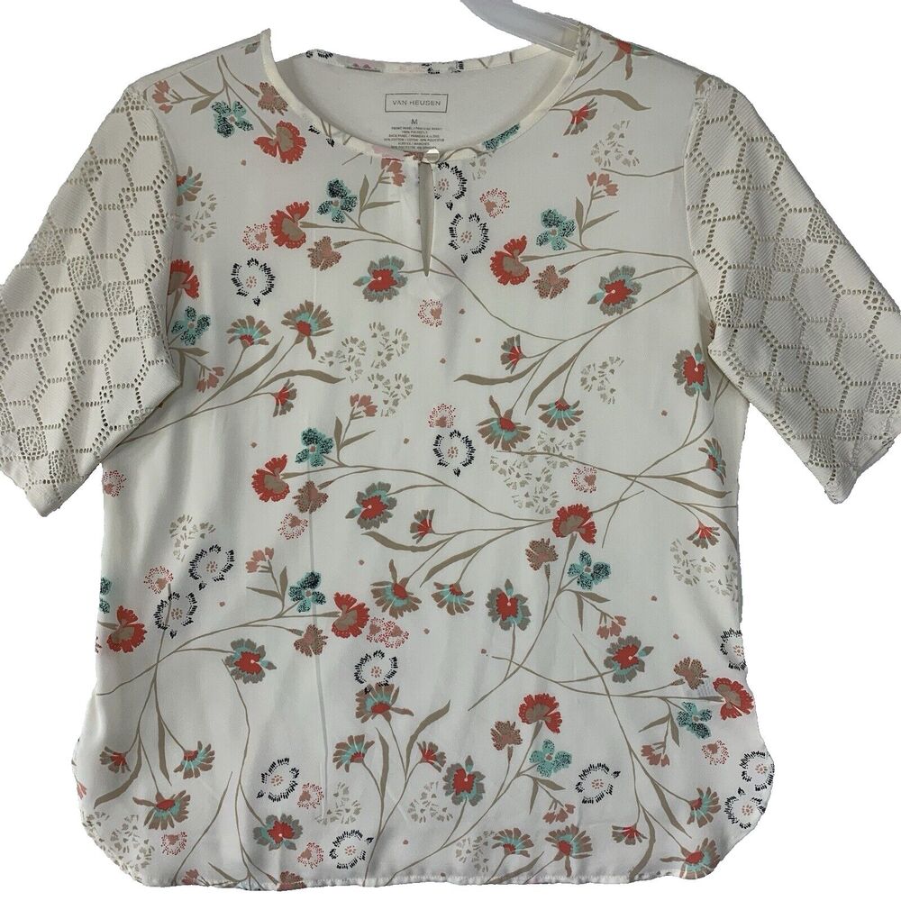 Van Heusen Top Blouse Women Medium Floral Casual Grannycore Embroidered Normcore
